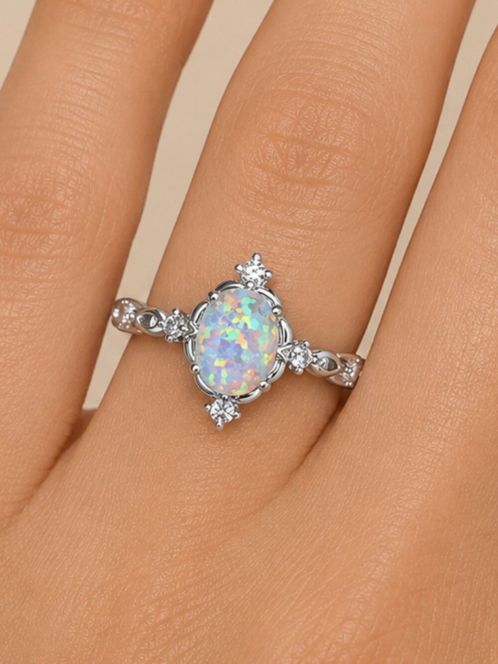 NEW 14k White Gold White Fire Opal Diamond Ring Band